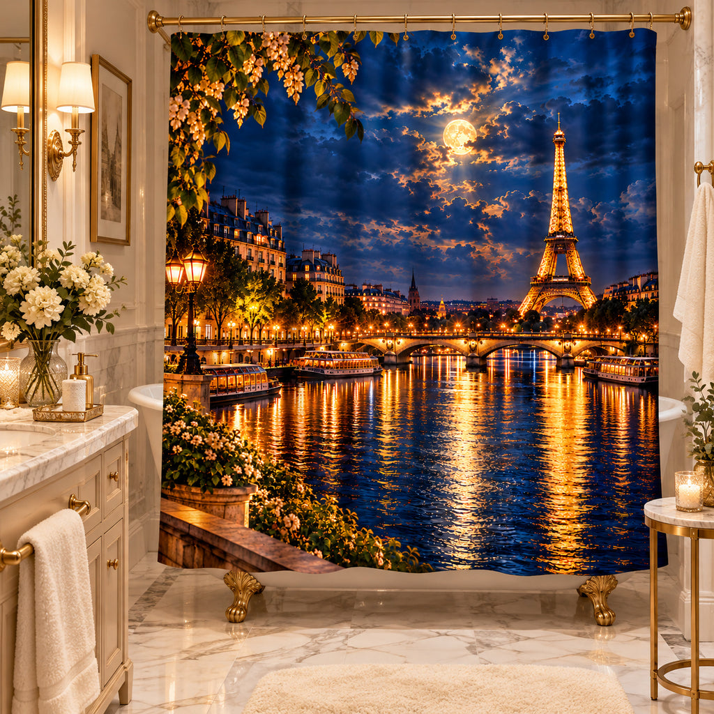 A Paris-themed shower curtain hanging in a luxurious bathroom. The curtain features a vibrant night scene of the Eiffel Tower, the Seine River, boats, and a full moon, with cherry blossoms hanging from a gold rod.