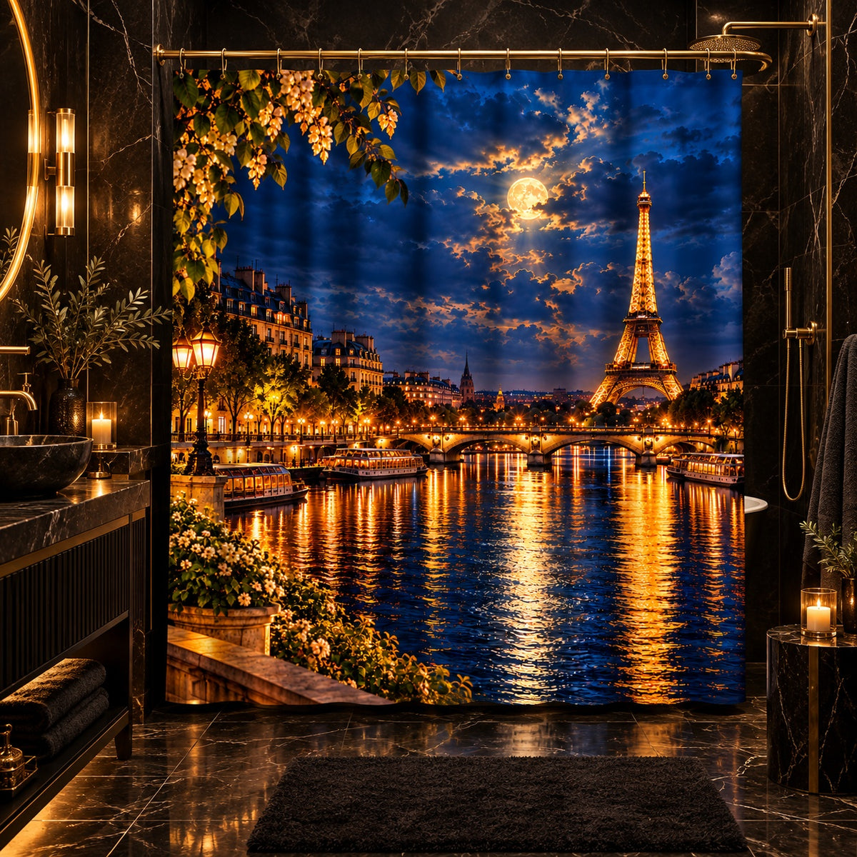 A Paris cityscape shower curtain hanging in a luxurious dark marble bathroom. The curtain features a detailed print of the Eiffel Tower at night, with a bright full moon, golden reflections on the Seine river, and Parisian buildings.