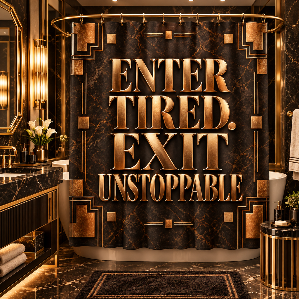Luxury Espresso Brown & Bronze Shower Curtain | Enter Tired Exit Unstoppable | Copper Marble Art Deco Bathroom Decor
