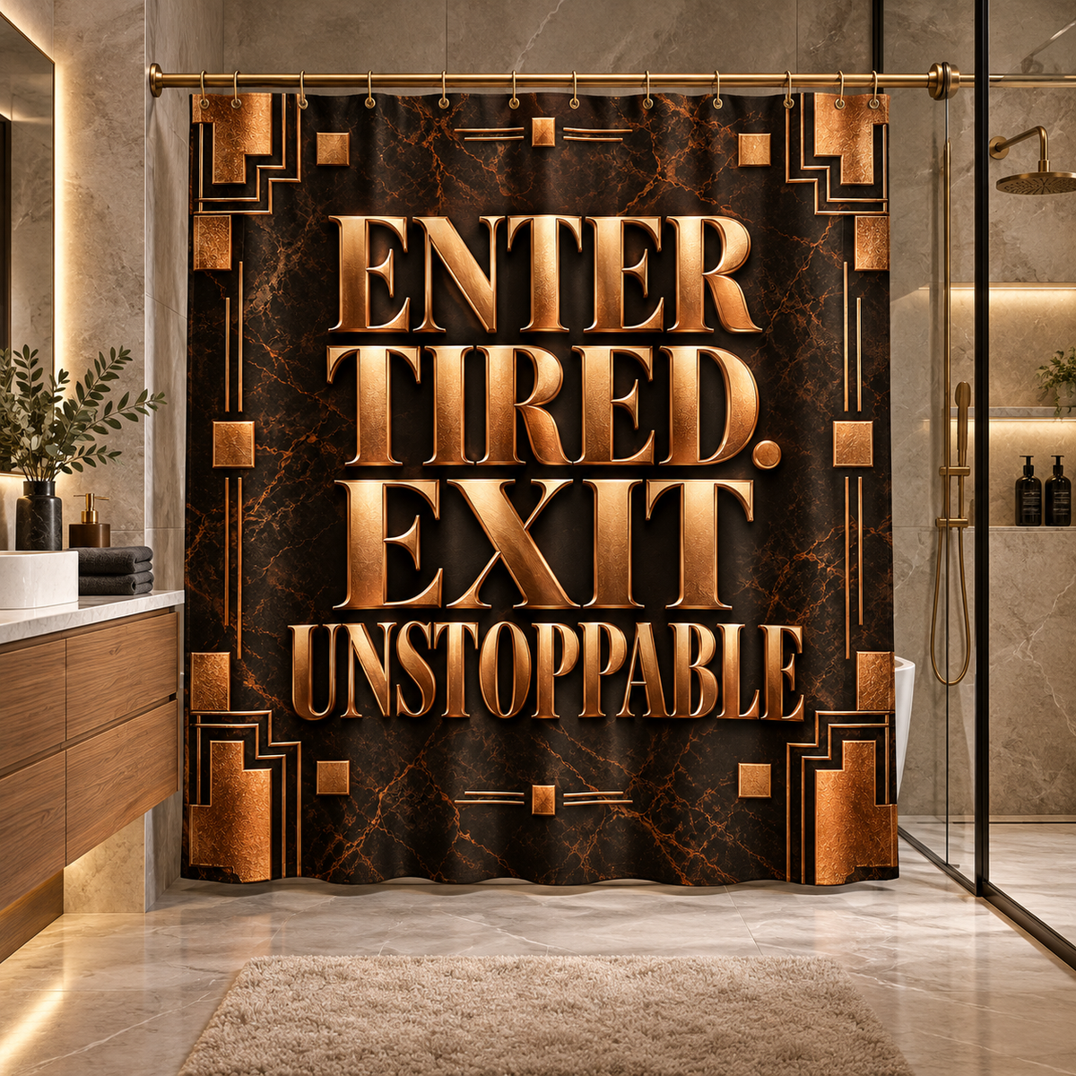 Luxury Espresso Brown & Bronze Shower Curtain | Enter Tired Exit Unstoppable | Copper Marble Art Deco Bathroom Decor