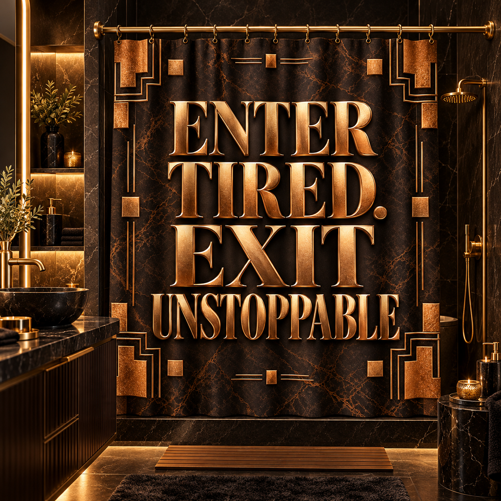 Luxury Espresso Brown & Bronze Shower Curtain | Enter Tired Exit Unstoppable | Copper Marble Art Deco Bathroom Decor