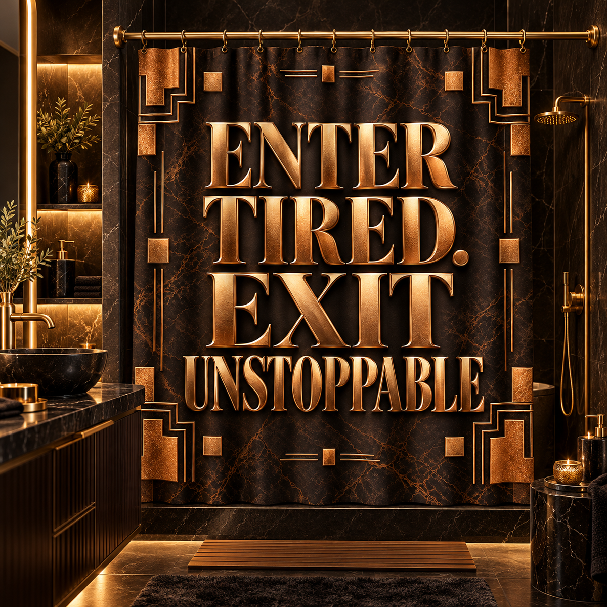 Luxury Espresso Brown & Bronze Shower Curtain | Enter Tired Exit Unstoppable | Copper Marble Art Deco Bathroom Decor
