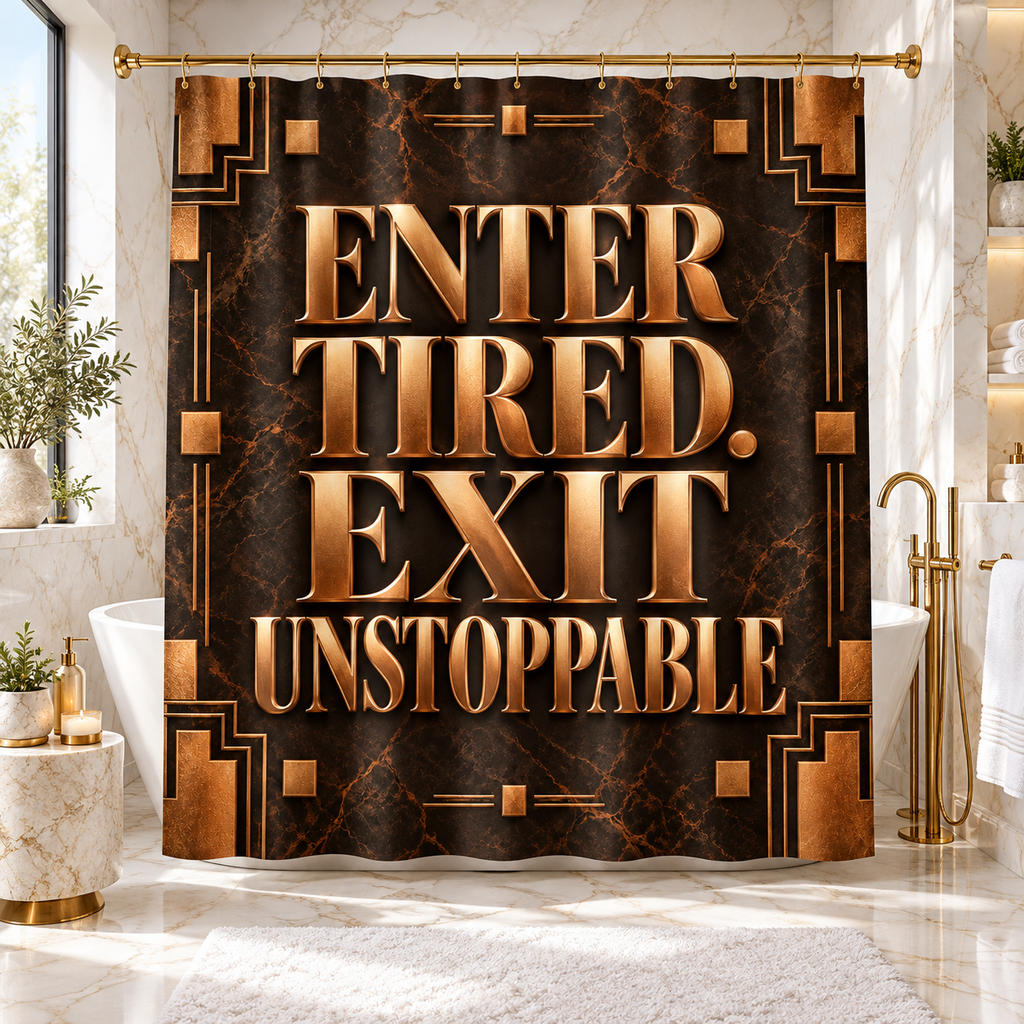 Luxury Espresso Brown & Bronze Shower Curtain | Enter Tired Exit Unstoppable | Copper Marble Art Deco Bathroom Decor