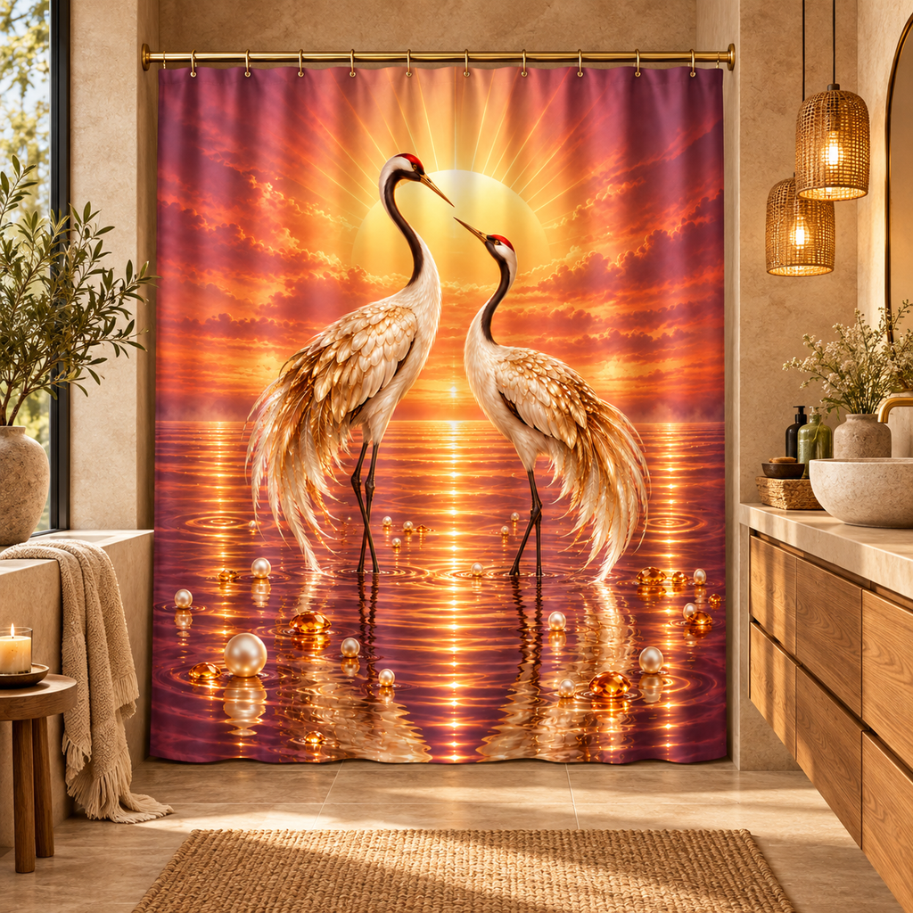 Crane Sunset Romantic Golden Beach —Shower Curtain Wildlife Decor