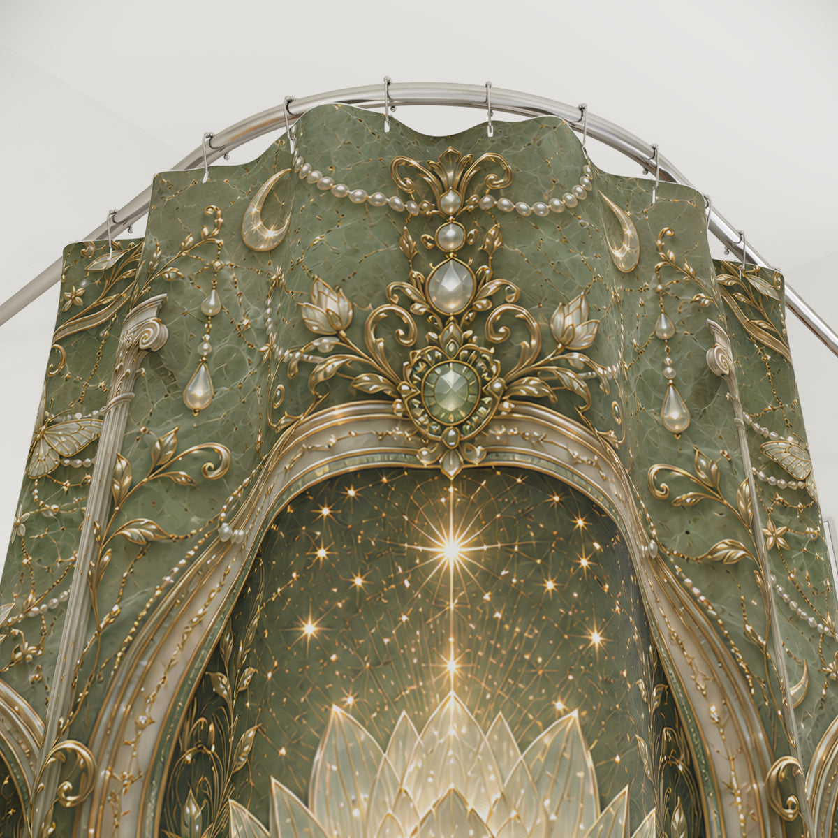 An ornate decorative architectural or sculptural detail featuring a green stone-like  shower curtain with extensive gold filigree, pearl-like accents, and a starburst motif inside an arched recess.