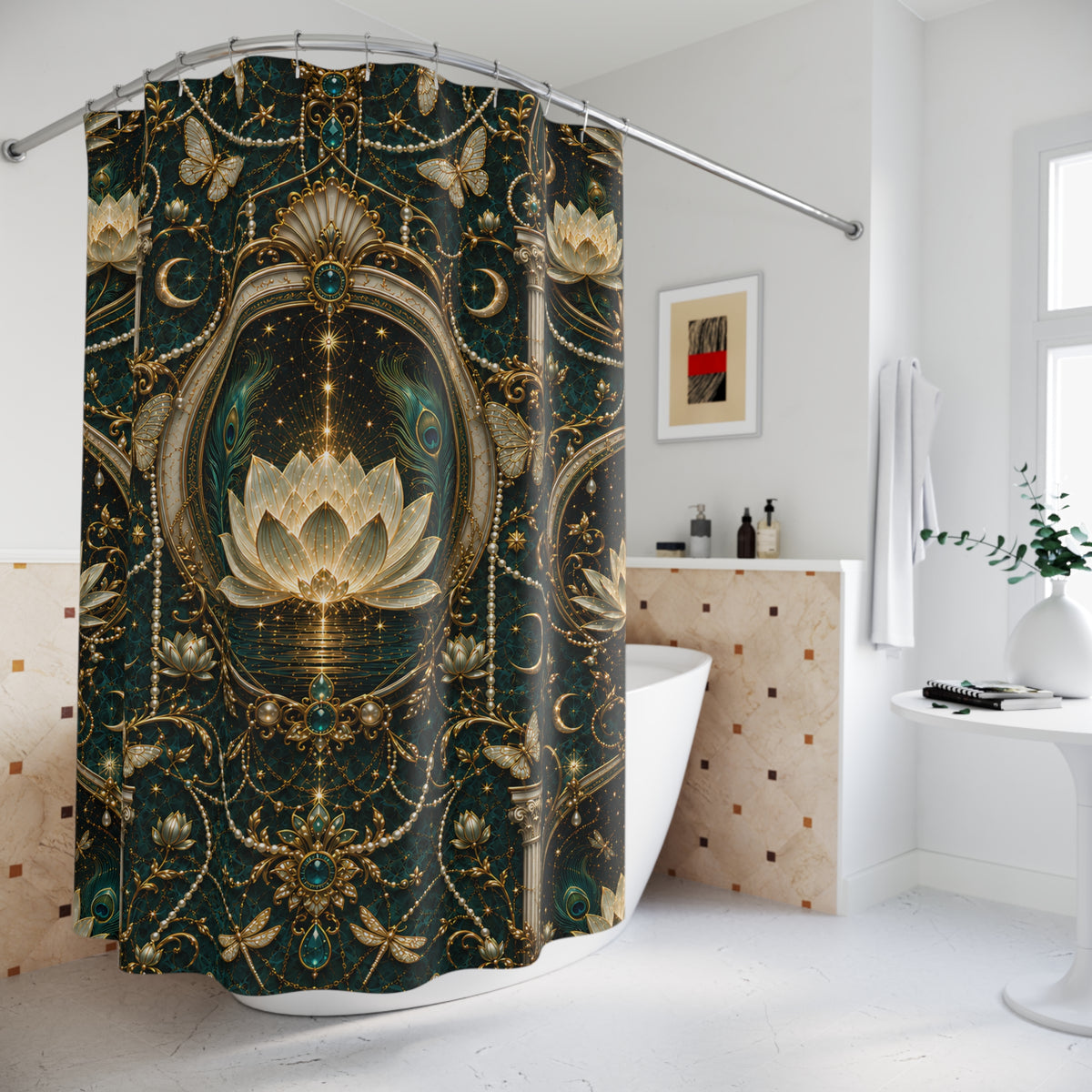 A bathroom scene with a decorative shower curtain hanging over a white bathtub. The curtain has an ornate dark green and gold pattern featuring a large lotus flower, moons, stars, and floral scrollwork.