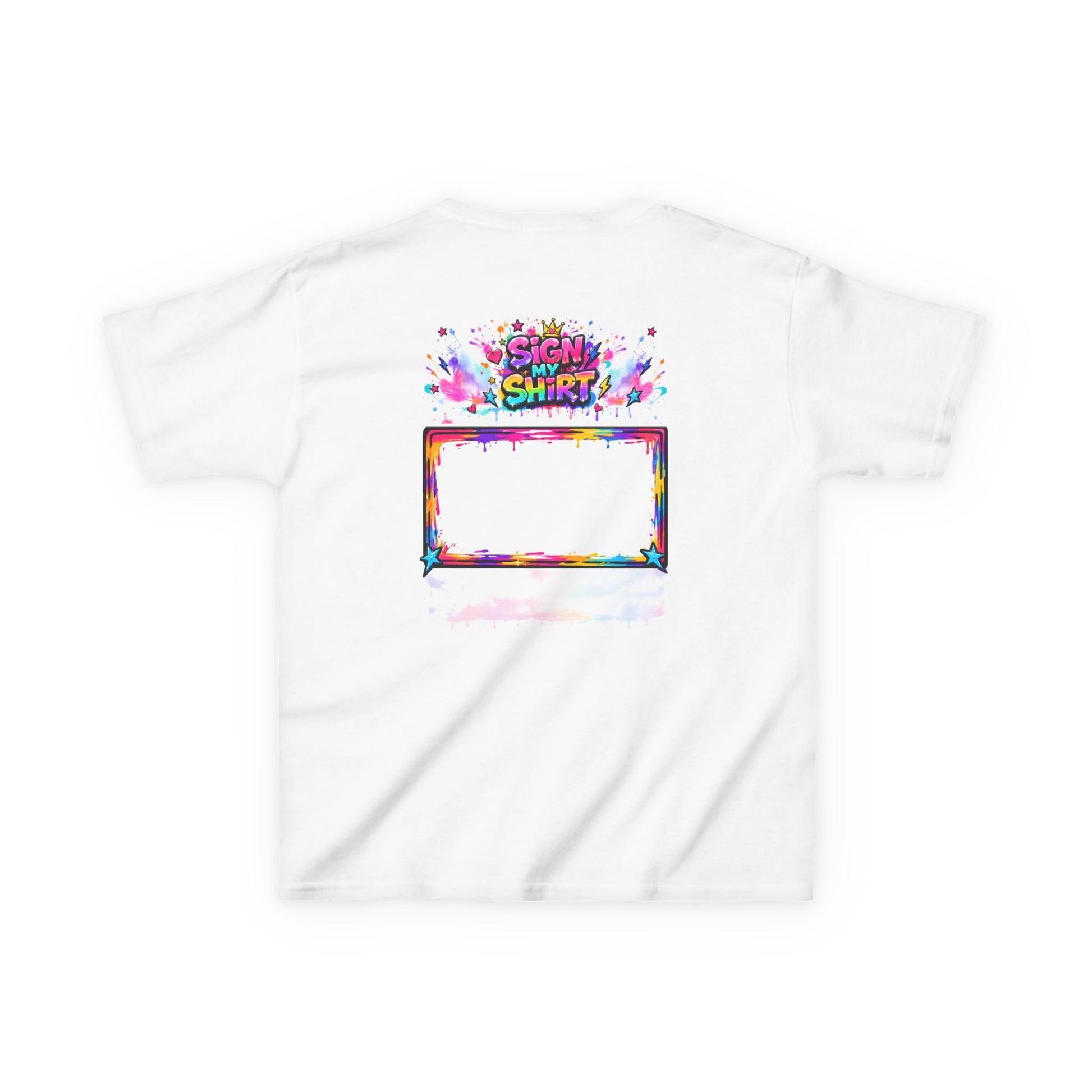 White t-shirt with colorful graphic design on a white background