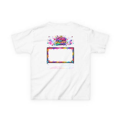 White t-shirt with colorful graphic design on a white background