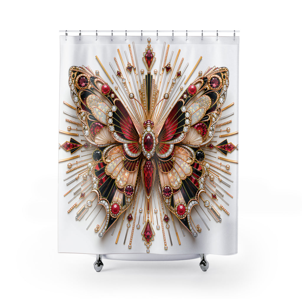 A white shower curtain featuring a large, ornate butterfly design with red, gold, and black details, hanging from silver rings on a white background.