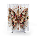 A white shower curtain featuring a large, ornate butterfly design with red, gold, and black details, hanging from silver rings on a white background.