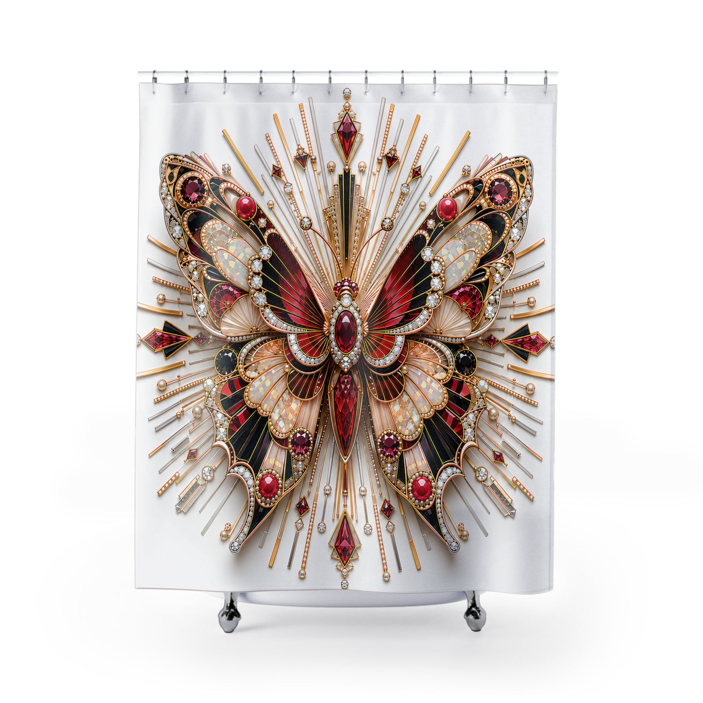 A white shower curtain featuring a large, ornate butterfly design with red, gold, and black details, hanging from silver rings on a white background.