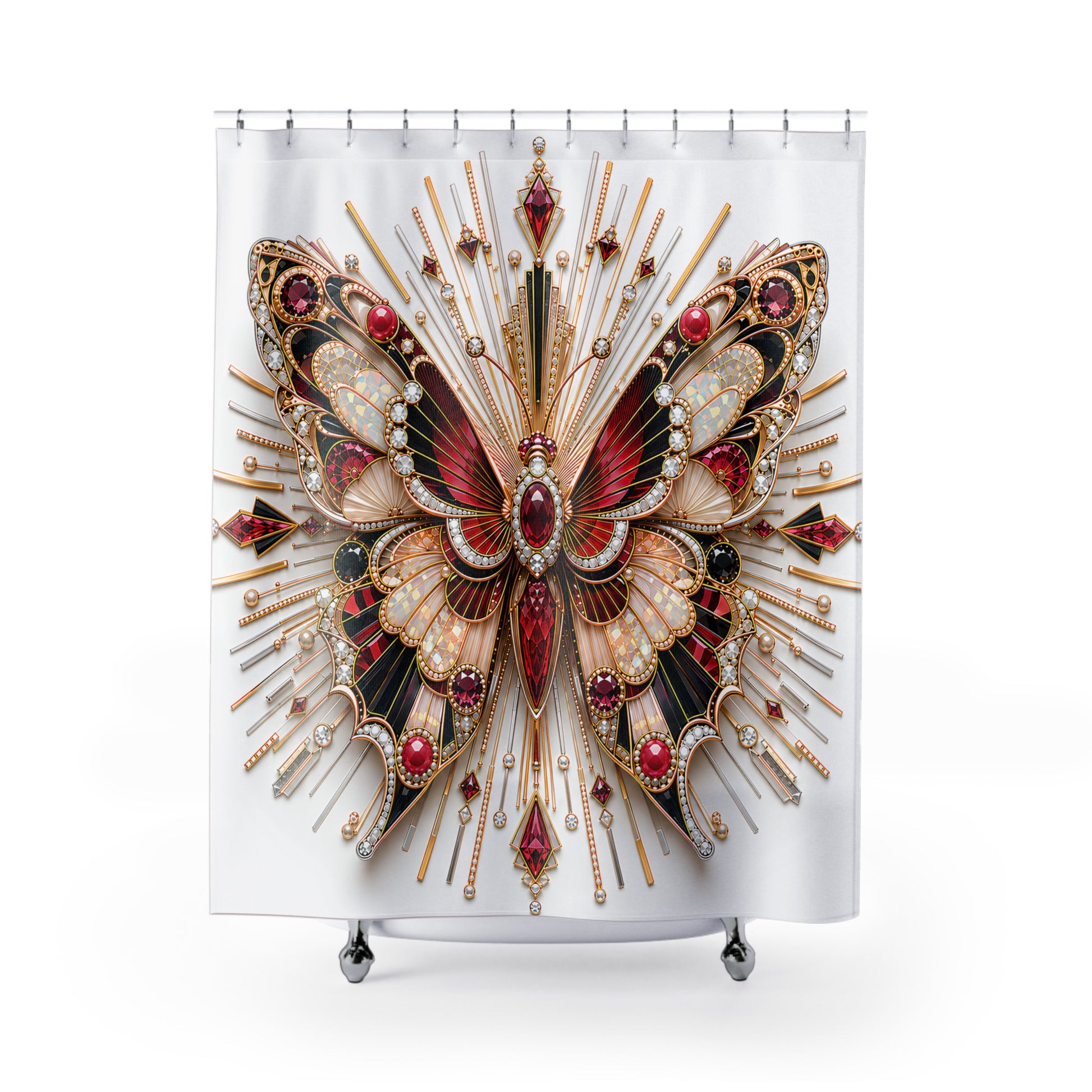 A white shower curtain featuring a large, ornate butterfly design with red, gold, and black details, hanging from silver rings on a white background.