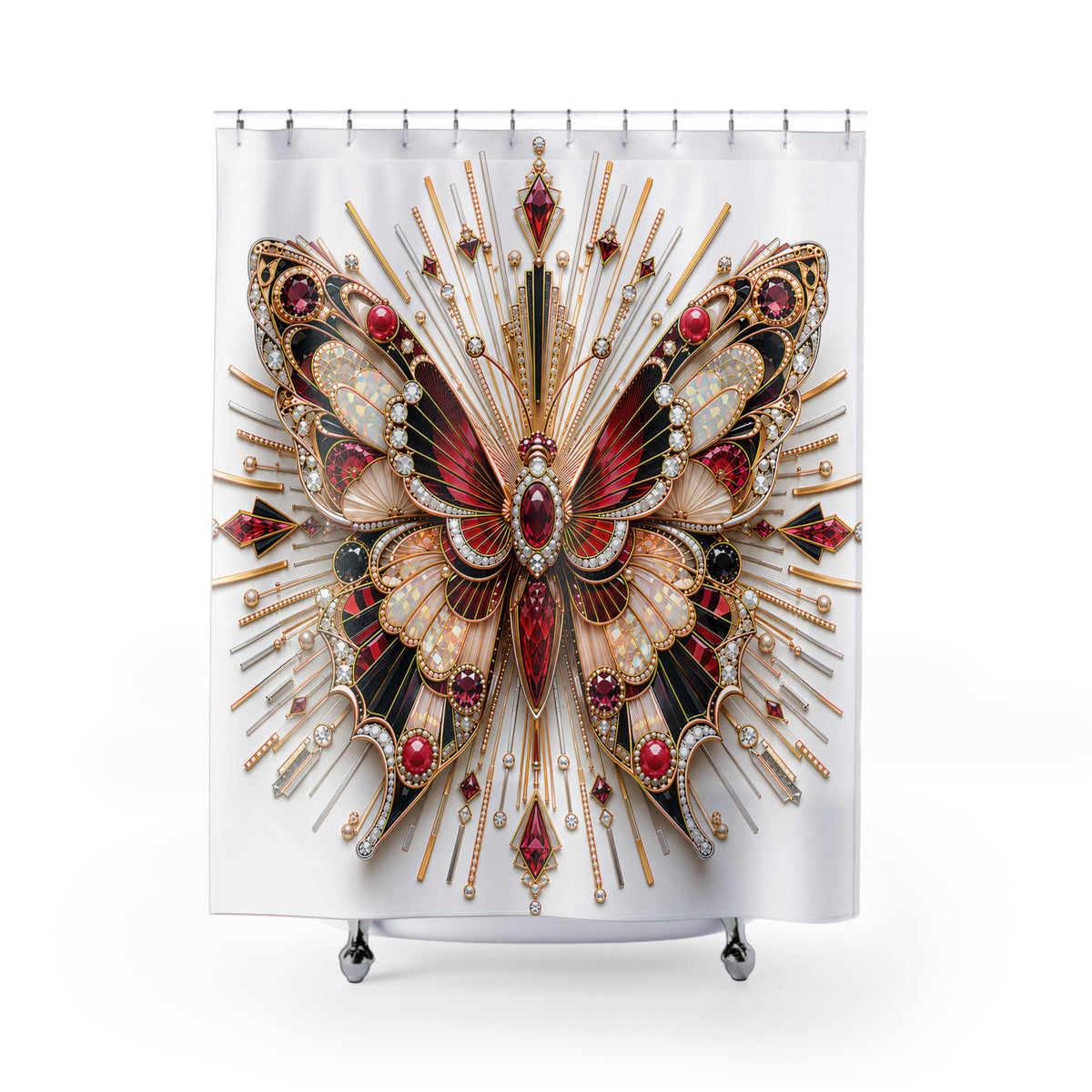 A white shower curtain featuring a large, ornate butterfly design with red, gold, and black details, hanging from silver rings on a white background.