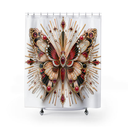 A white shower curtain featuring a large, ornate butterfly design with red, gold, and black details, hanging from silver rings on a white background.