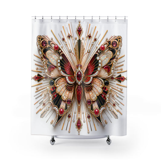 A white shower curtain featuring a large, ornate butterfly design with red, gold, and black details, hanging from silver rings on a white background.