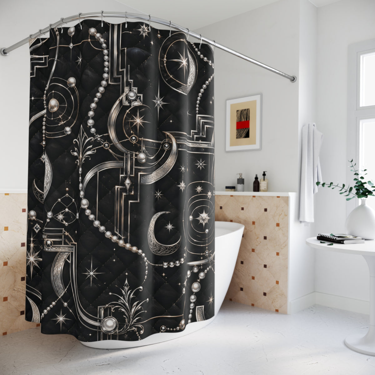 A black shower curtain with a detailed celestial and geometric pattern in white and silver, hanging in a modern white bathroom.