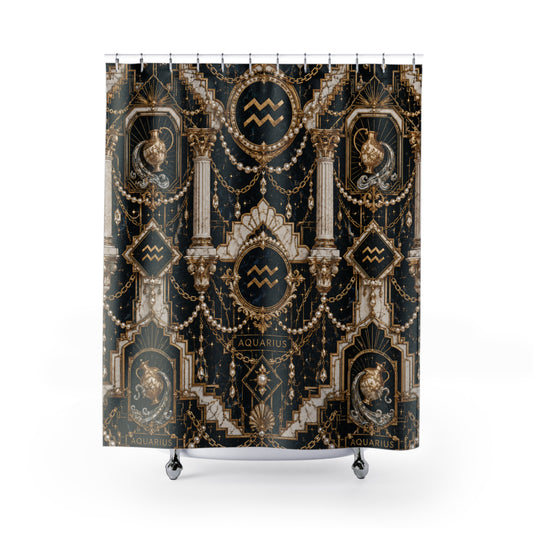 Decorative shower curtain with Aquarius zodiac design on a black background