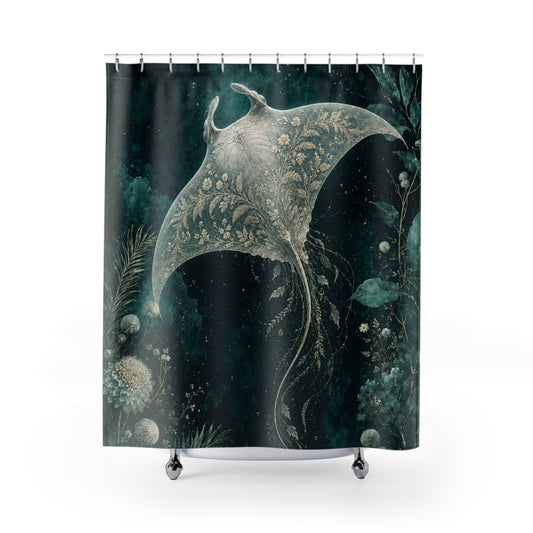 A shower curtain featuring a dark teal and black background with a large pale sage-green manta ray and botanical illustrations, hanging from silver rings on a white rod.