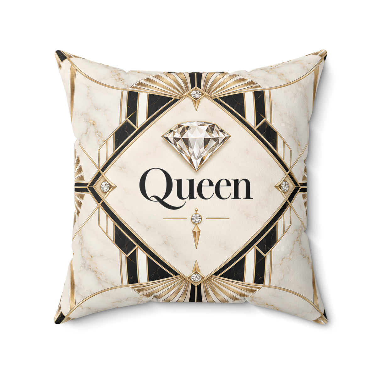 A square decorative throw pillow featuring an Art Deco style design with a cream marble background, black geometric borders, gold accents, and a central diamond graphic above the word 'Queen' in black script.