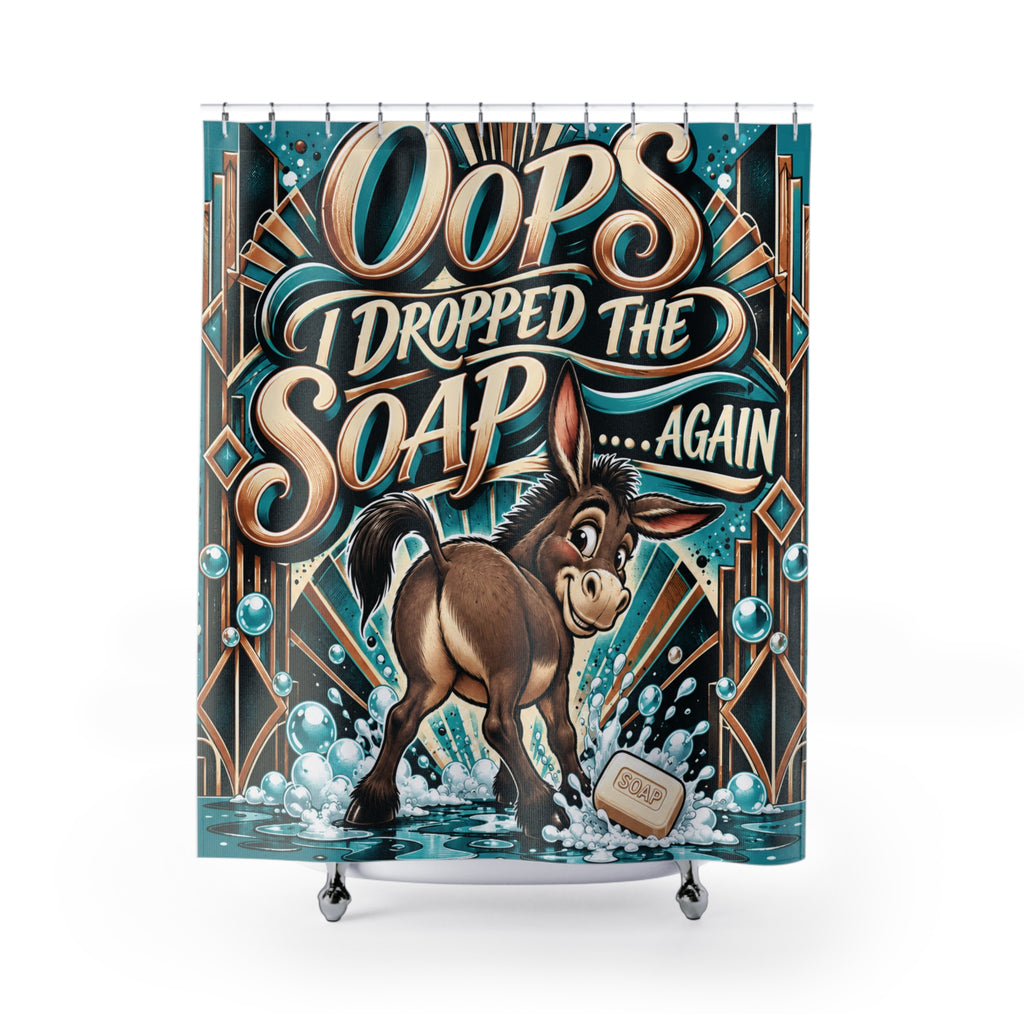 A novelty shower curtain featuring a retro-style illustration of a brown donkey stepping in water next to a bar of soap, with the text 'Oops I Dropped The Soap .
