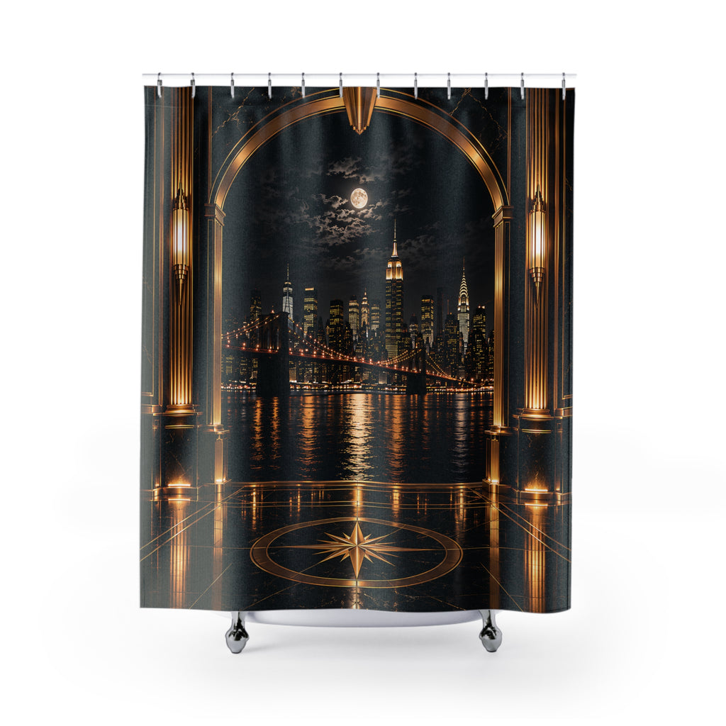 Manhattan Noir Luxe – Black & Gold Art Deco NYC Skyline Shower Curtain | Luxury Masculine Bathroom Décor
