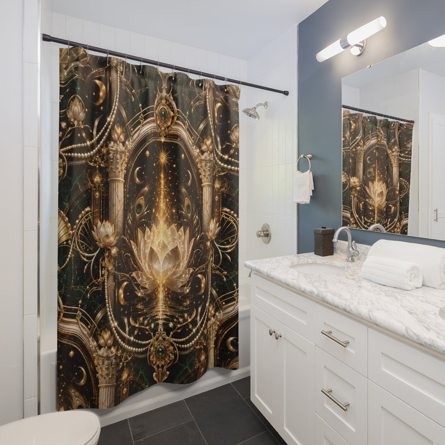 Lotus Alchemy Shower Curtain — Mystical Gold Mandala Bathroom Decor