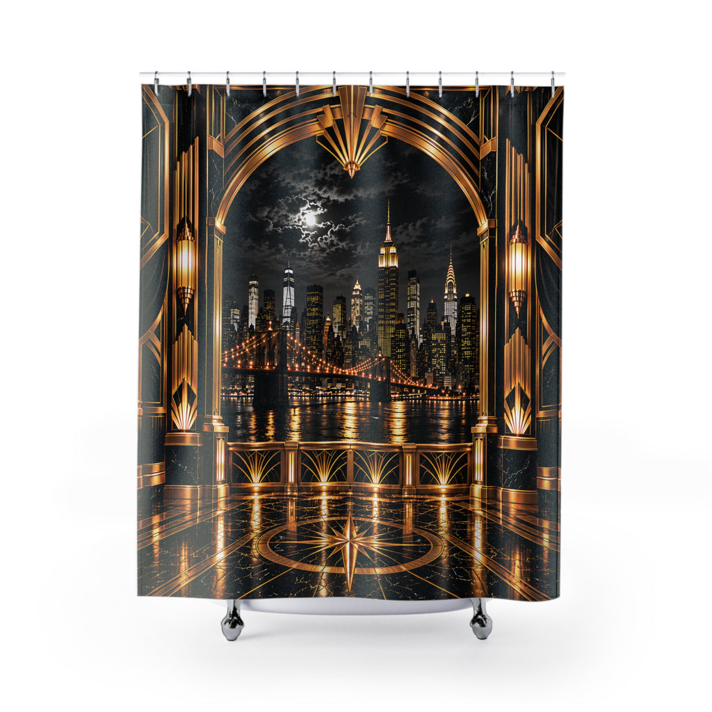 Manhattan Night Skyline Black and Gold  Luxury Art Deco Shower Curtain