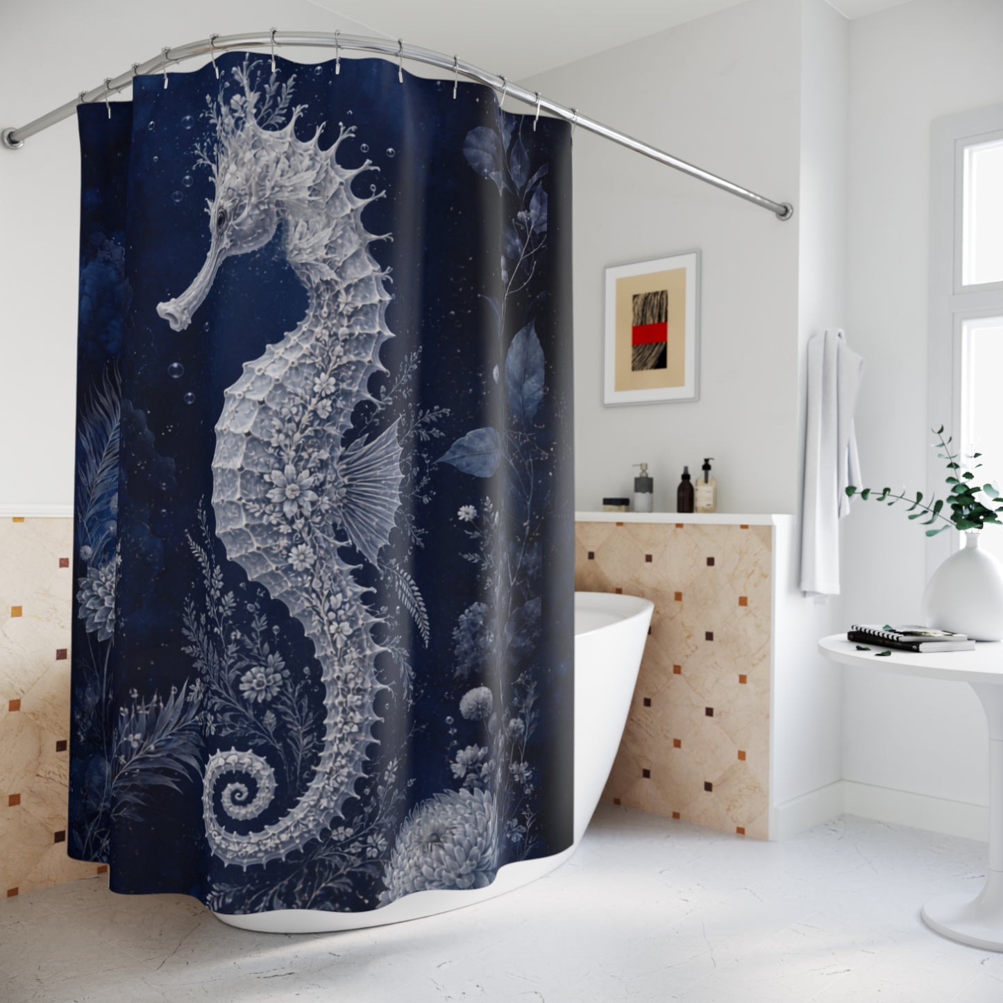 A dark navy blue shower curtain featuring a large white seahorse and marine botanical pattern, hanging in a bright, modern white bathroom next to a bathtub.
