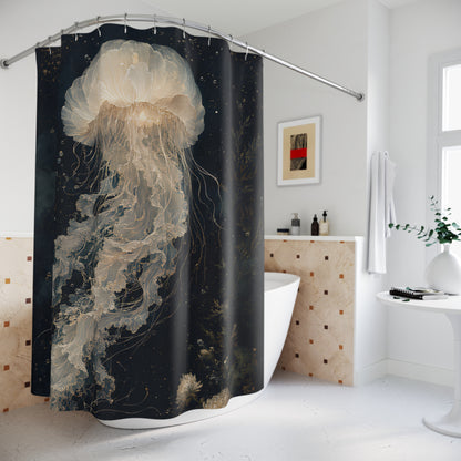 A black shower curtain featuring a large cream-colored jellyfish design, hanging in a bright, modern white bathroom next to a bathtub.