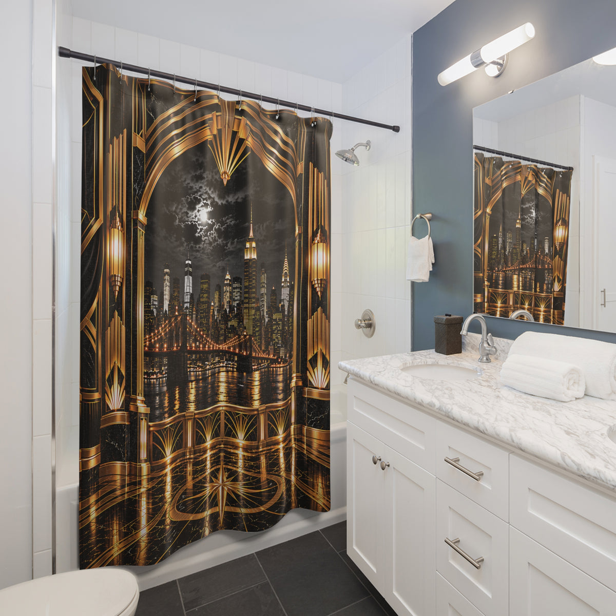 Manhattan Night Skyline Black and Gold  Luxury Art Deco Shower Curtain
