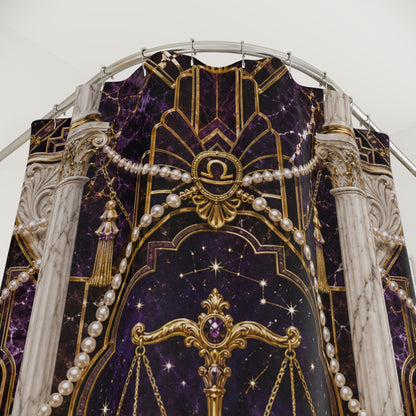 Decorative design with gold and purple Astrology Libra elements, featuring a celestial theme and star symbols.