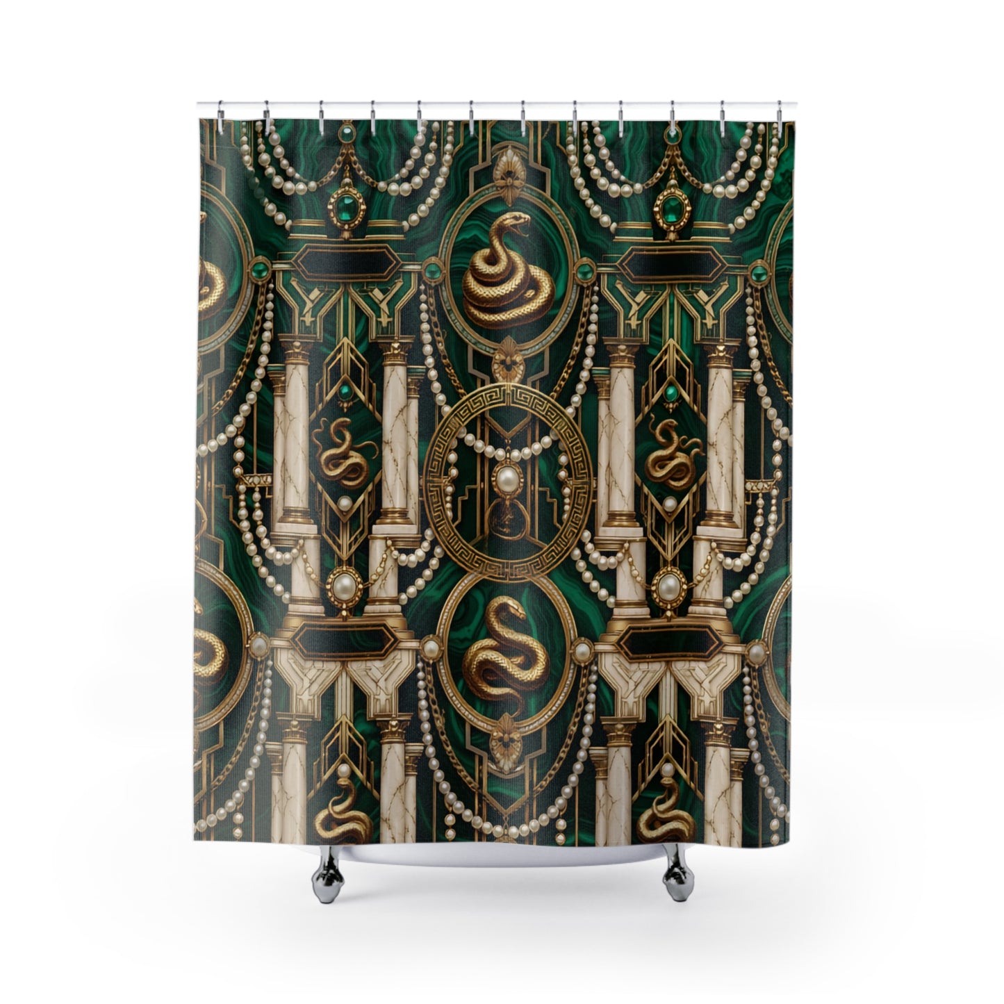 A shower curtain featuring an ornate gothic architectural pattern in dark green, gold, and cream, decorated with serpents, pearls, and columns. The curtain is shown hanging from silver rings on a white background.