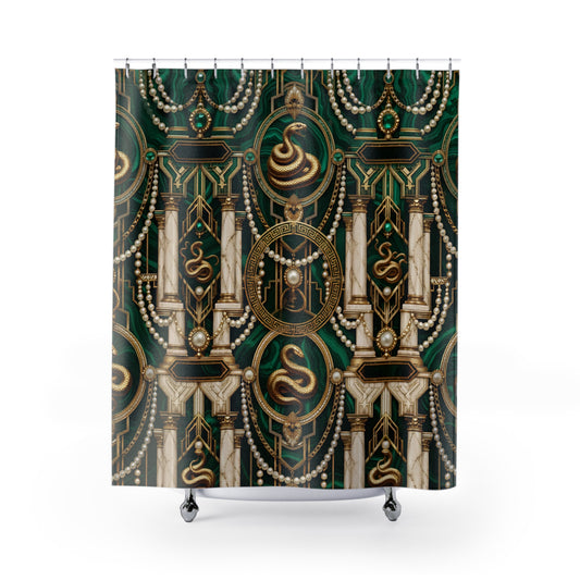 A shower curtain featuring an ornate gothic architectural pattern in dark green, gold, and cream, decorated with serpents, pearls, and columns. The curtain is shown hanging from silver rings on a white background.