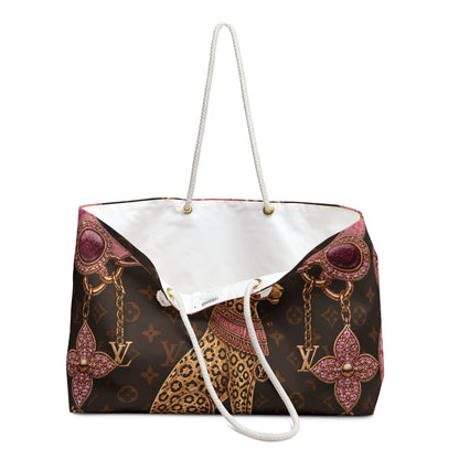 Luxury Leopard Print Weekender Bag – Brown Monogram Tote with Pink Jewel Chains