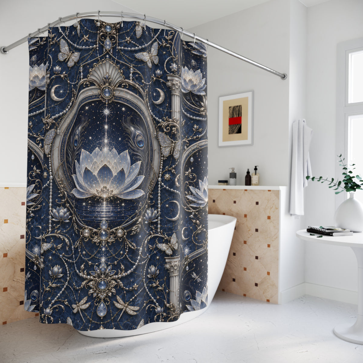 A bathroom shower curtain featuring an ornate celestial and floral design in navy blue, cream, and silver, hanging over a white bathtub in a bright, modern bathroom.