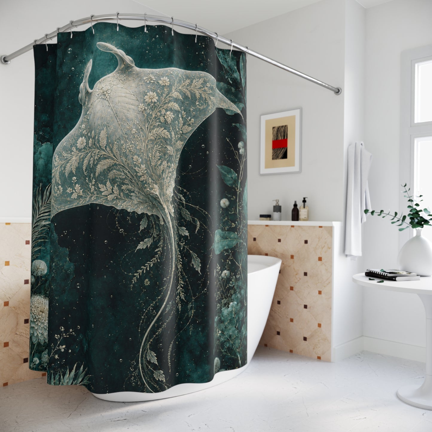 A dark teal and black shower curtain with a large white and gray sea turtle design, hanging in a bright, modern white bathroom.