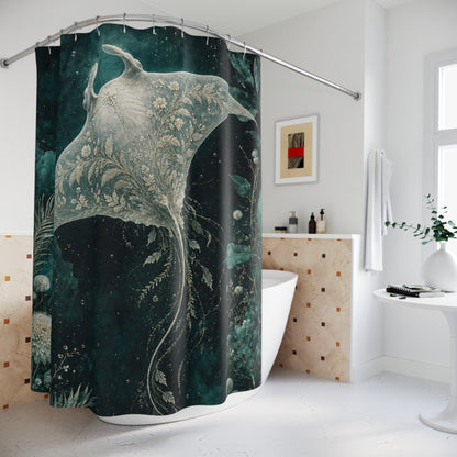A dark teal and black shower curtain with a large white and gray sea turtle design, hanging in a bright, modern white bathroom.