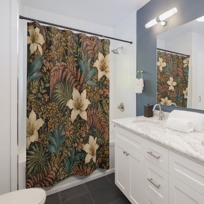A bathroom scene showing a shower curtain with a dense botanical print, set in a modern bathroom with a white vanity, marble countertop, and a mirror reflecting the curtain.