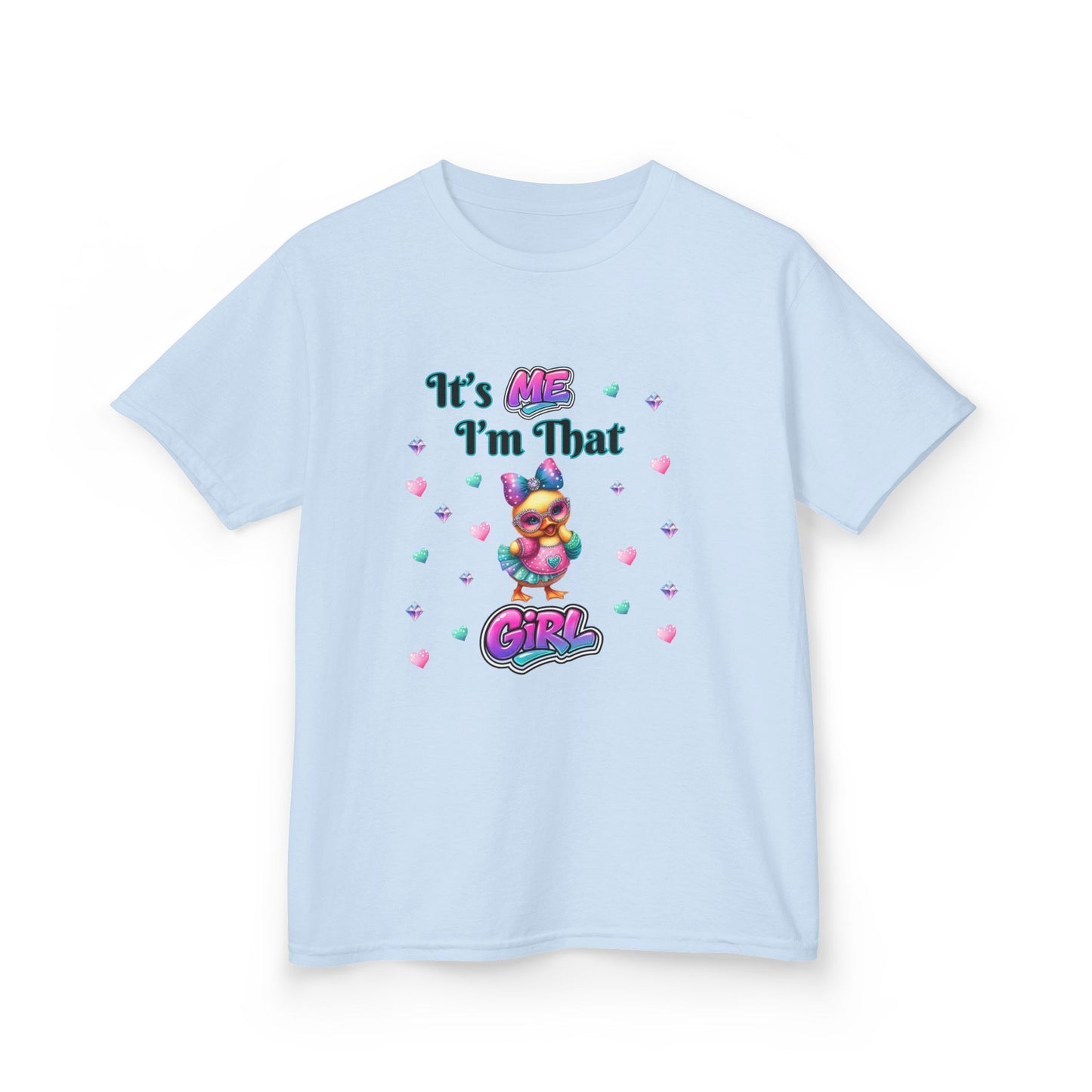 Light blue t-shirt with colorful graphic and text on a white background