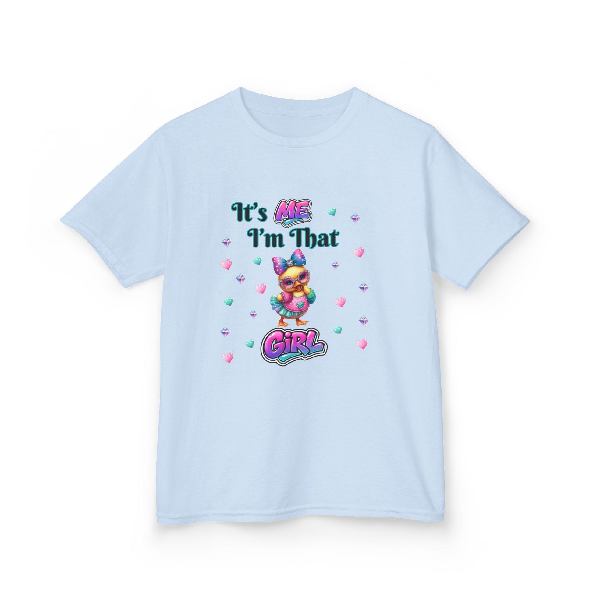 Light blue t-shirt with colorful graphic and text on a white background