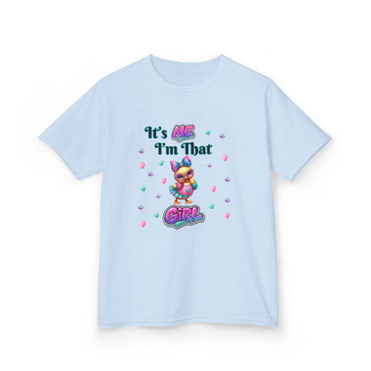 Light blue t-shirt with colorful graphic and text on a white background