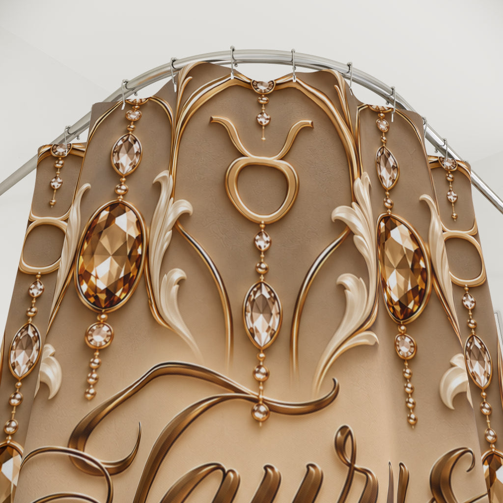 Close-up of an ornate decorative shower curtain with sculpted gold and beige floral/art deco motifs, hanging faceted crystal-like drops, and a light neutral background