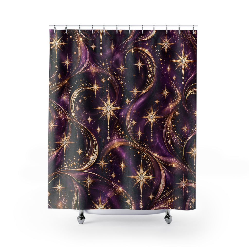 A shower curtain featuring a cosmic, celestial pattern with purple and gold swirls, stars, and sparkles, hanging from silver hooks against a white background.