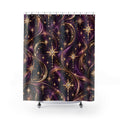 A shower curtain featuring a cosmic, celestial pattern with purple and gold swirls, stars, and sparkles, hanging from silver hooks against a white background.