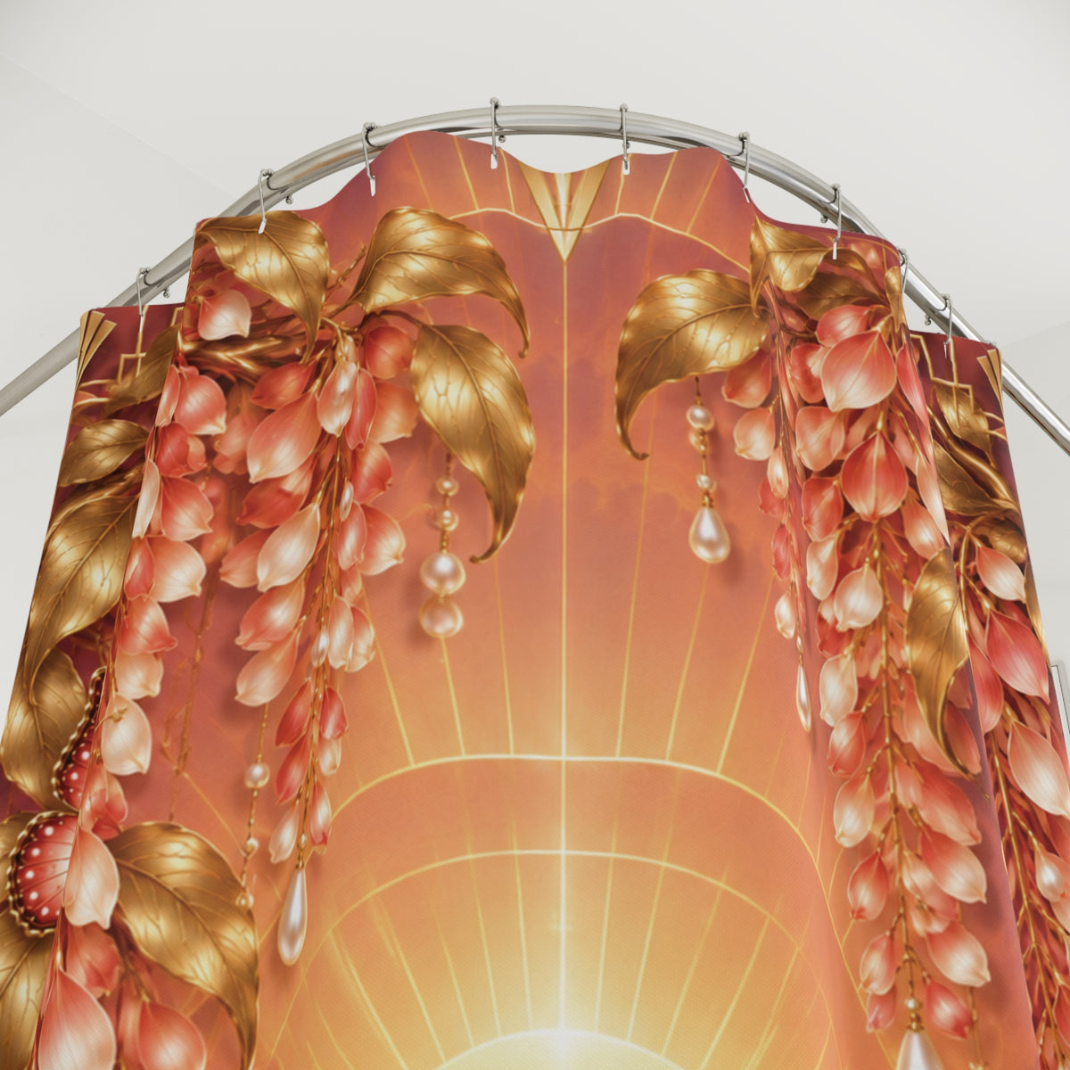 Sunset Pearl Floral Shower Curtain — Romantic Coastal Sunset Bathroom Decor