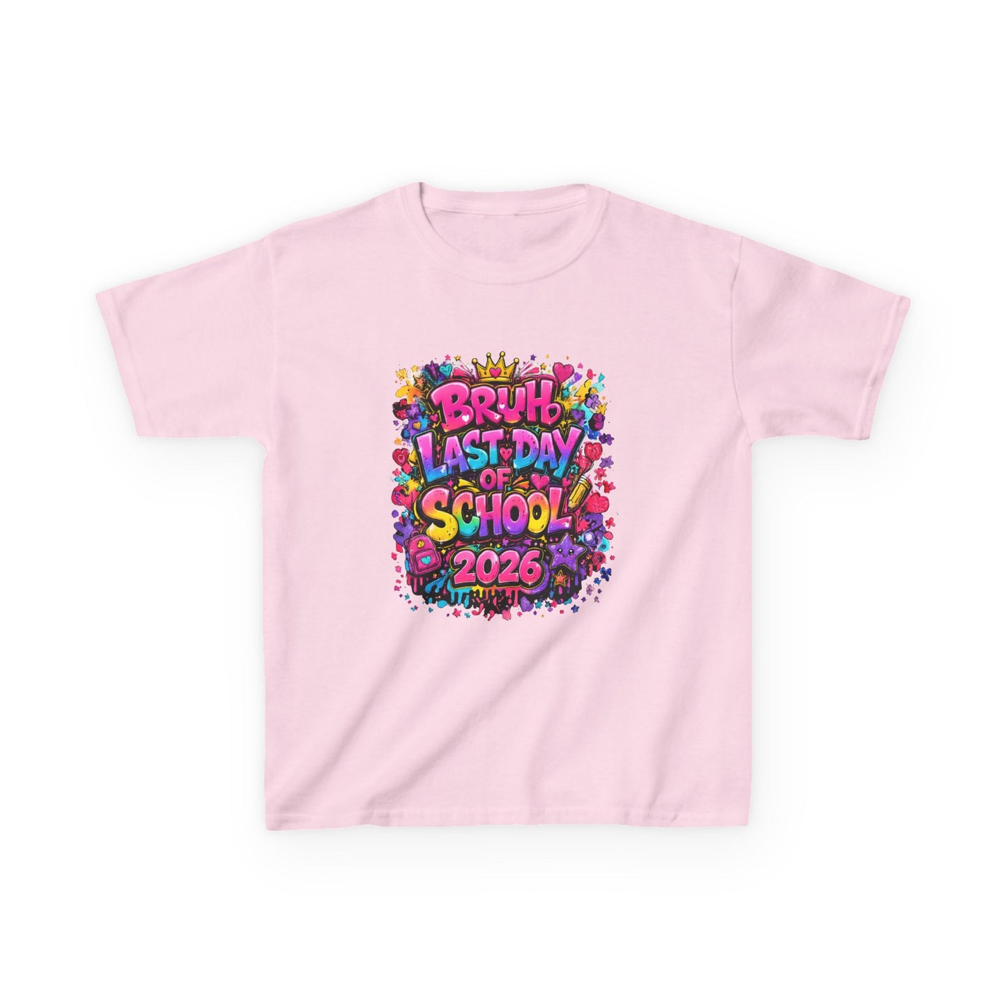 Pink t-shirt with colorful 'Last Day of School 2026' design on a white background