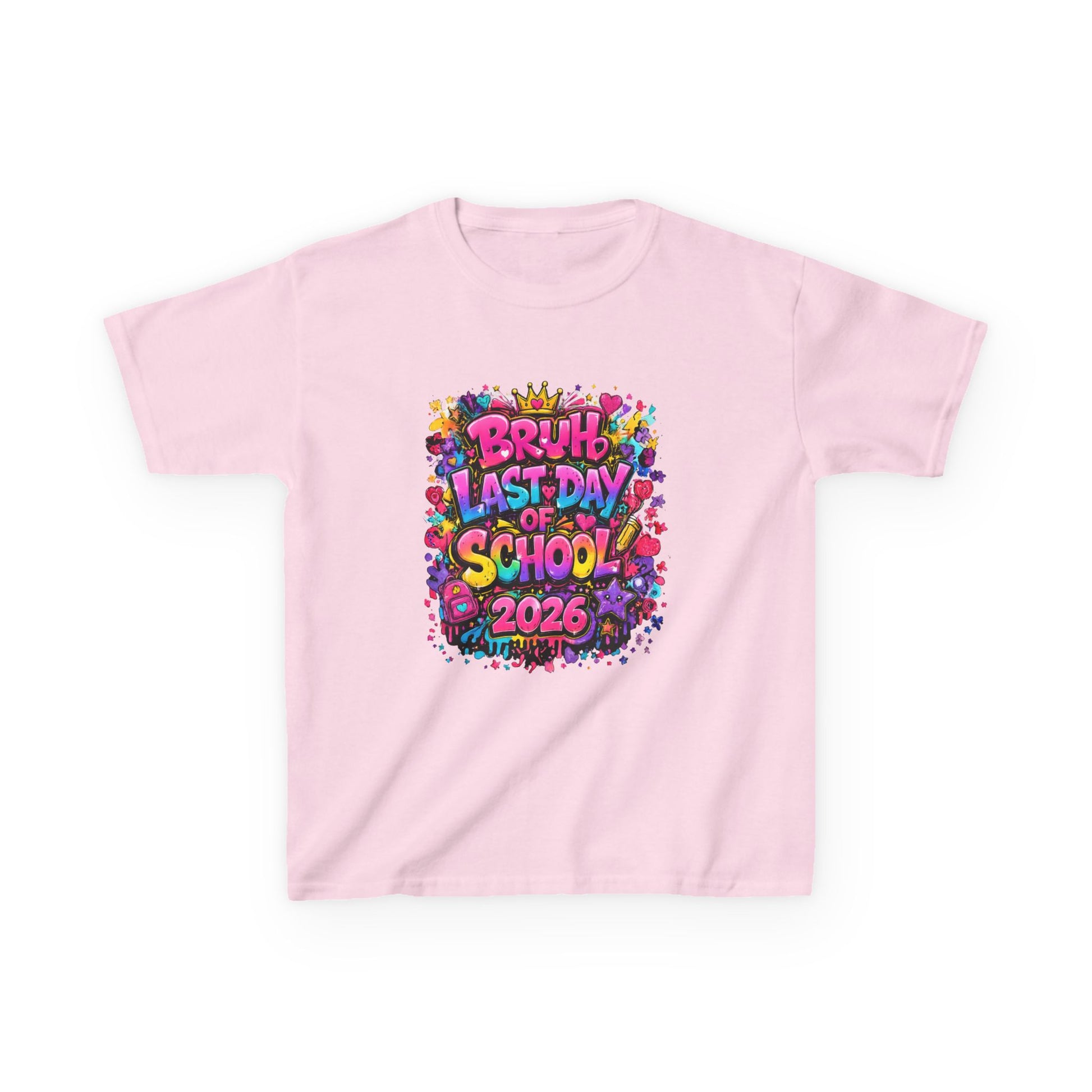 Pink t-shirt with colorful 'Last Day of School 2026' design on a white background