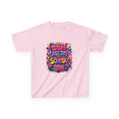 Pink t-shirt with colorful 'Last Day of School 2026' design on a white background
