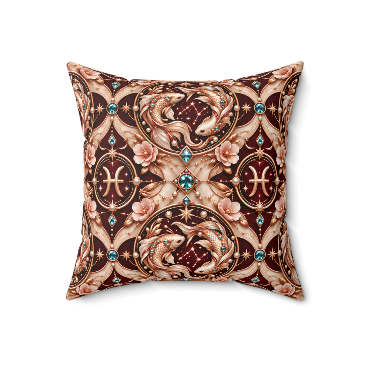 A square decorative throw pillow featuring an ornate celestial pattern with two fish, zodiac symbols, stars, and gem motifs in brown, beige, pink, and blue tones, shown on a plain white background.