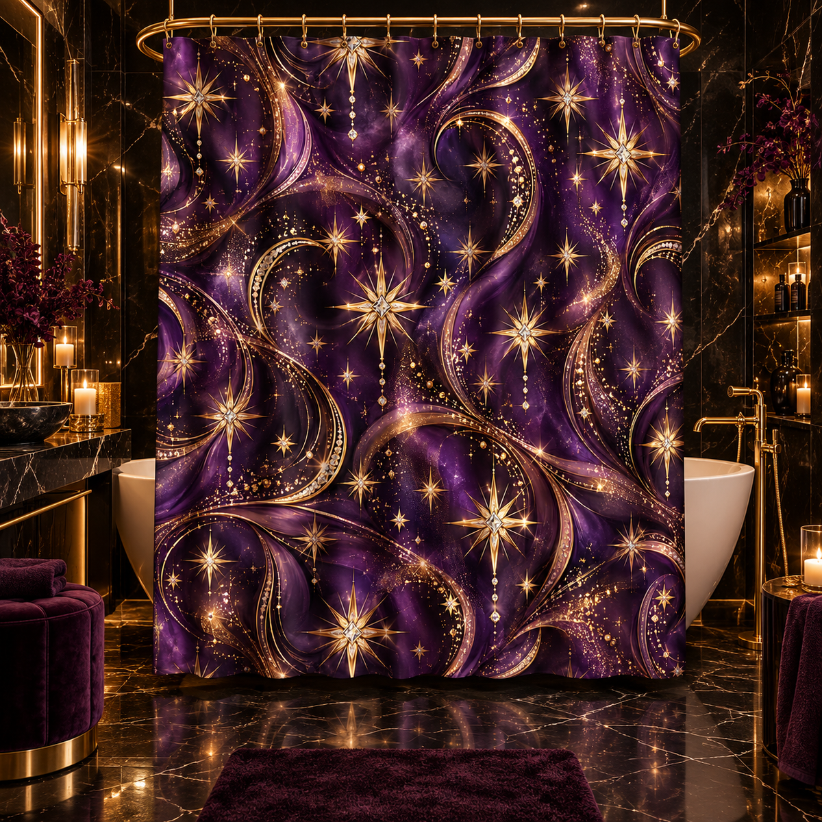 A purple and gold shower curtain hanging in a luxurious dark bathroom with marble walls, gold fixtures, candles, and a matching purple bath mat.